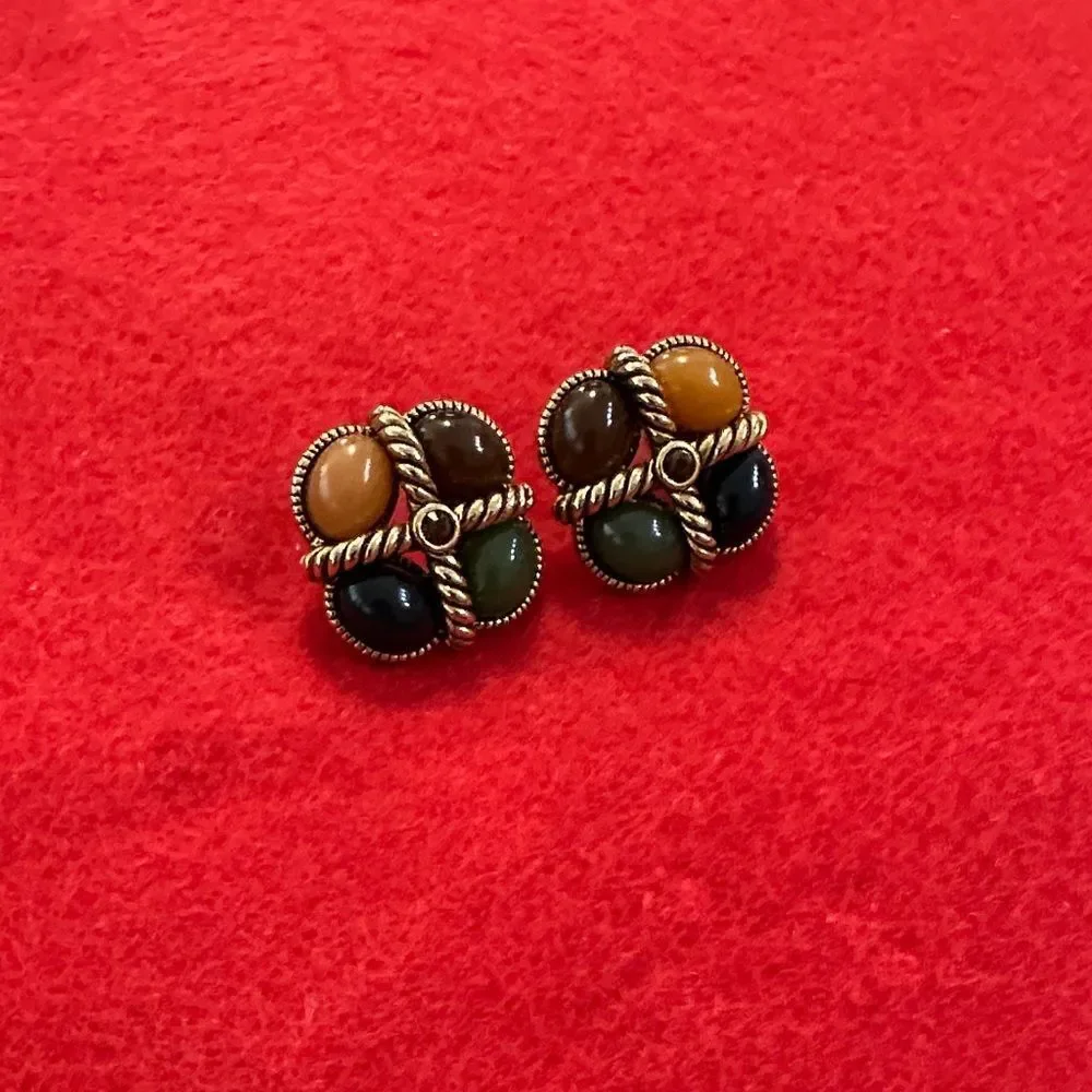 Joan Rivers Vintage Stamped Gold Braided Elegant Multicolor Stone Earrings